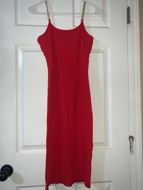 4/$30 Red Ribbed Midi Dress with Gold Chain Straps